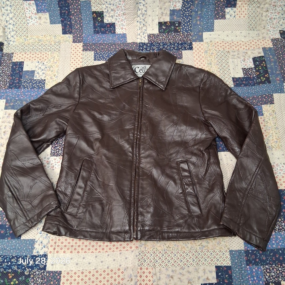 Vintage Cellini Leather Jacket Womens Small Brown Mosaic Patchwork Full Zip